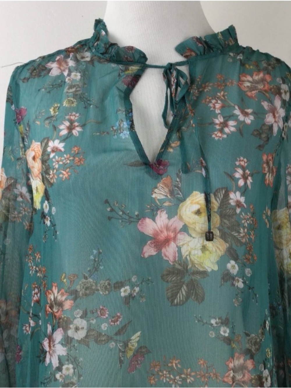 NWT Anthropologie Maive Teal Floral Ruffle-Trim Sheer Long-Sleeve Dress. Size XS - Picture 12 of 16